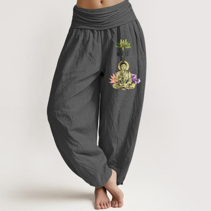 Pantalon harem pour femme en pur coton , motif lotus et Bouddha traditionnel, taille élastique. - Gris terne - US16，UK/AU20，EU48 (3XL) - image 8