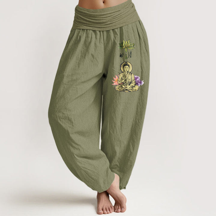 Pantalon harem pour femme en pur coton , motif lotus et Bouddha traditionnel, taille élastique. - Vert olive - US16，UK/AU20，EU48 (3XL) - image 14