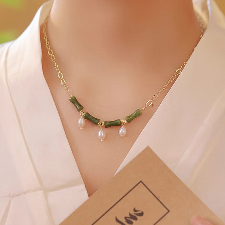 Collier pendentif en Buddha Stones, jade de Tianshan, bambou et perle, symbole d'abondance et de richesse. - image 6