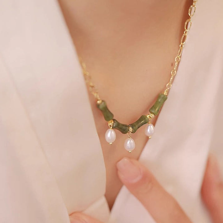 Collier pendentif en Buddha Stones, jade de Tianshan, bambou et perle, symbole d'abondance et de richesse. - image 7