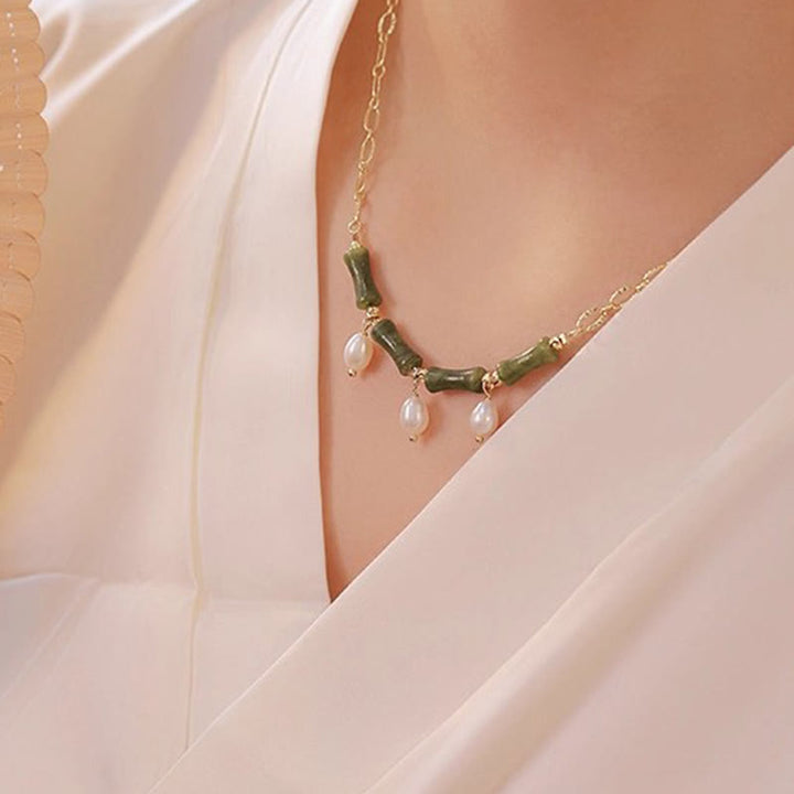 Collier pendentif en Buddha Stones, jade de Tianshan, bambou et perle, symbole d'abondance et de richesse. - image 9