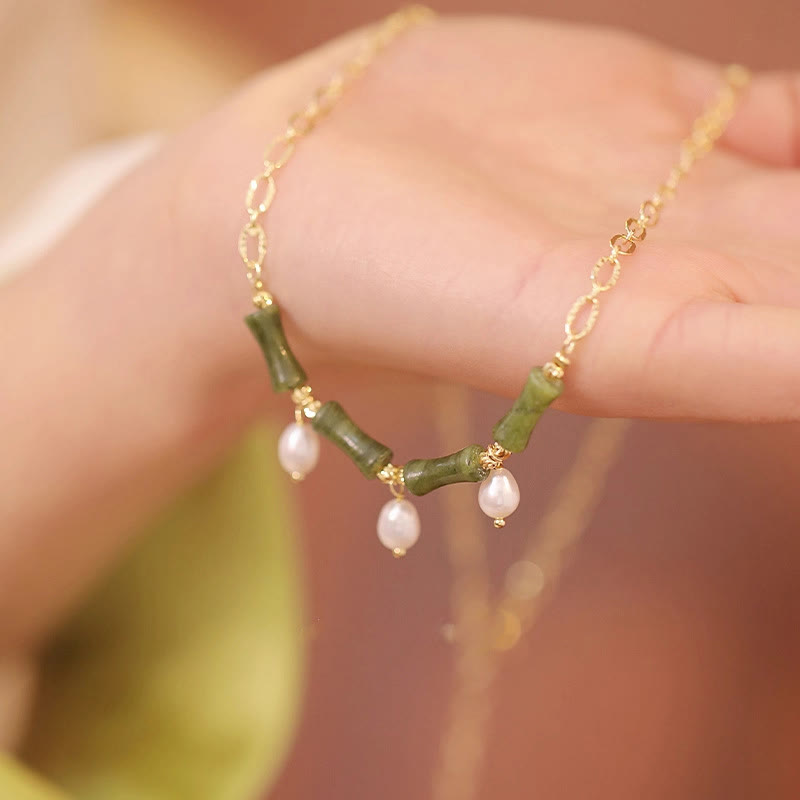 Collier pendentif en Buddha Stones, jade de Tianshan, bambou et perle, symbole d'abondance et de richesse. - Jade de Tianshan (Dimensions : 5 x 12 mm) - image 1