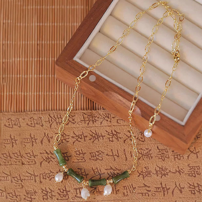 Collier pendentif en Buddha Stones, jade de Tianshan, bambou et perle, symbole d'abondance et de richesse. - image 2
