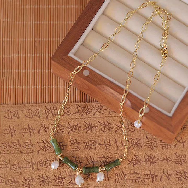 Collier pendentif en Buddha Stones, jade de Tianshan, bambou et perle, symbole d'abondance et de richesse. - image 2