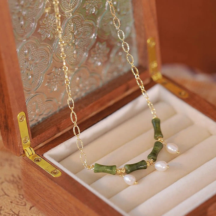 Collier pendentif en Buddha Stones, jade de Tianshan, bambou et perle, symbole d'abondance et de richesse. - image 0