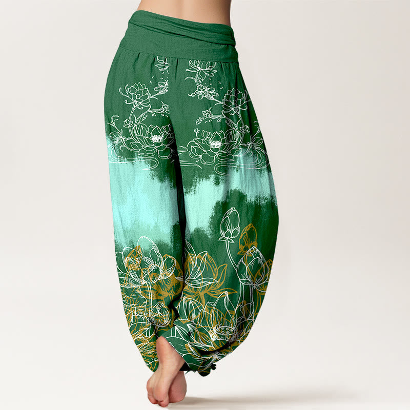 Pantalon harem à taille élastique pour femme, en coton à motif lotus coloré et Buddha Stones - image 1