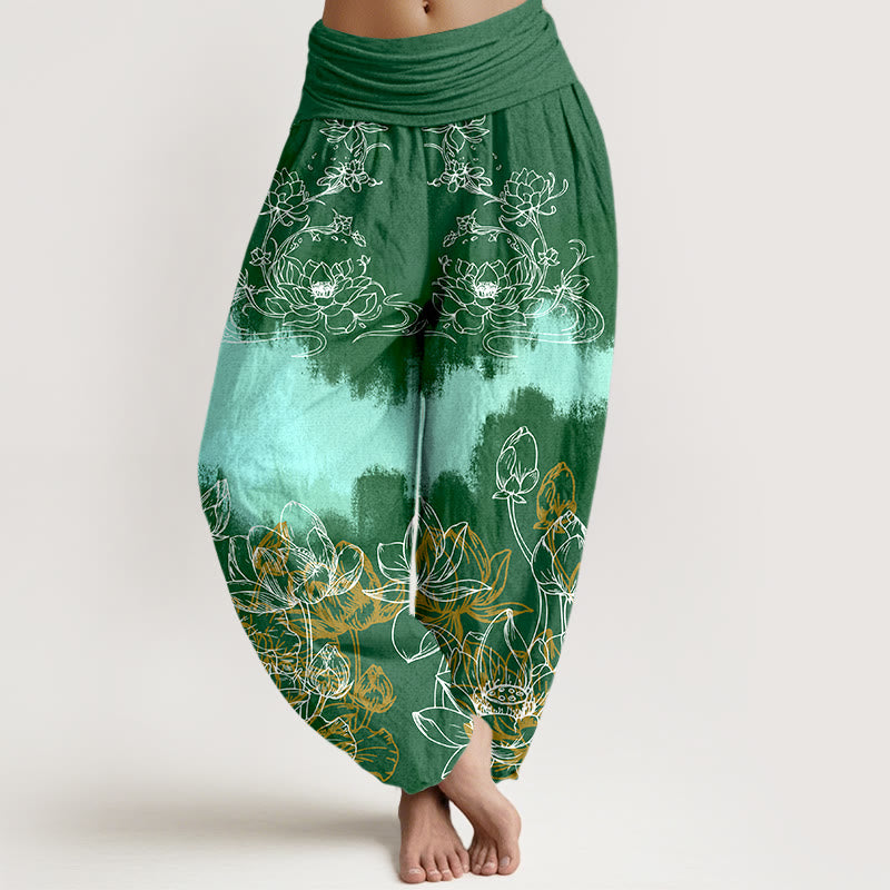Pantalon harem à taille élastique pour femme, en coton à motif lotus coloré et Buddha Stones - Vert - US16，UK/AU20，EU48 (3XL) - image 0
