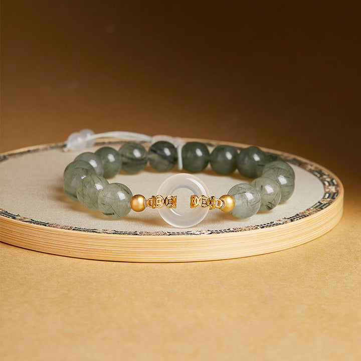 Bracelet de courage en argent sterling 925 Buddha Stones, quartz rutile vert et calcédoine blanche, boucle de la paix. - Quartz rutile vert (Tour de poignet : 15-17 cm) - image 0