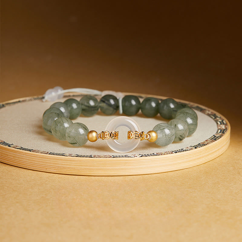 Bracelet de courage en argent sterling 925 Buddha Stones, quartz rutile vert et calcédoine blanche, boucle de la paix. - Quartz rutile vert (Tour de poignet : 15-17 cm) - image 0