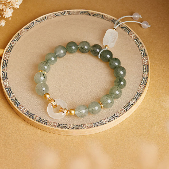 Bracelet de courage en argent sterling 925 Buddha Stones, quartz rutile vert et calcédoine blanche, boucle de la paix. - image 1