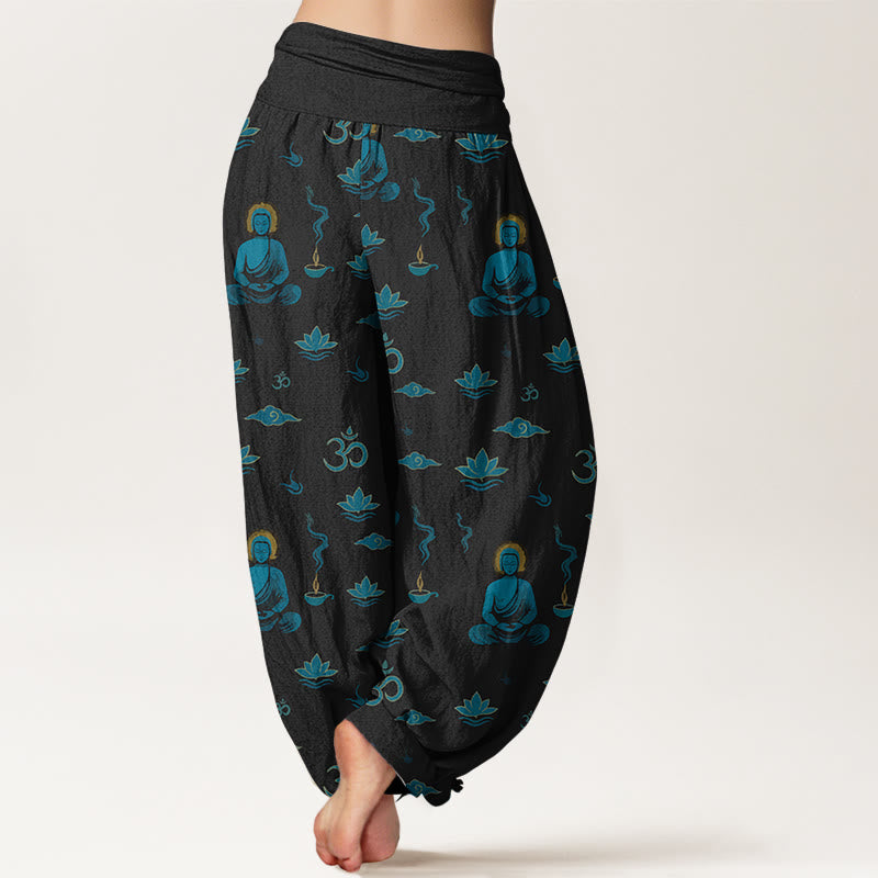 Pantalon harem pour femme, taille élastique, en coton, motif Buddha Stones, symbole Om, lotus et nuage. - image 1