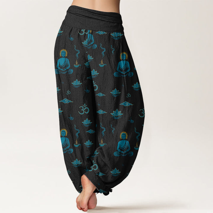 Pantalon harem pour femme, taille élastique, en coton, motif Buddha Stones, symbole Om, lotus et nuage. - image 1