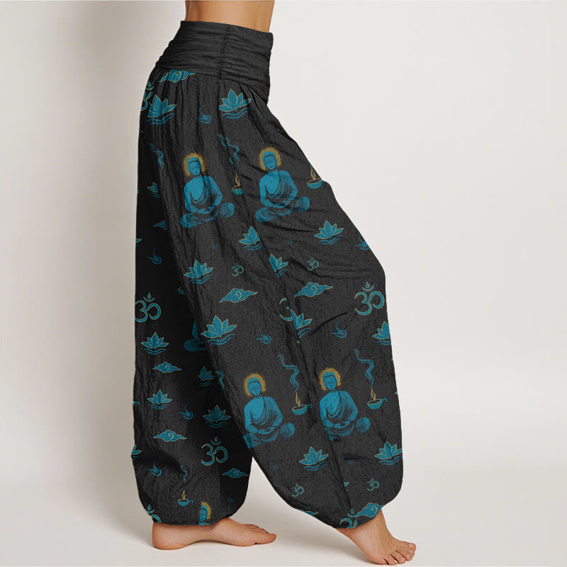 Pantalon harem pour femme, taille élastique, en coton, motif Buddha Stones, symbole Om, lotus et nuage. - image 2