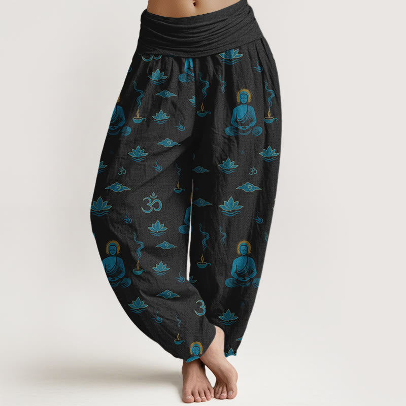 Pantalon harem pour femme, taille élastique, en coton, motif Buddha Stones, symbole Om, lotus et nuage. - Noir - US16，UK/AU20，EU48 (3XL) - image 0