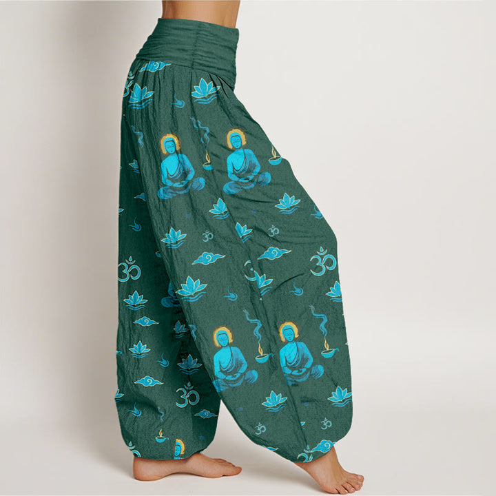 Pantalon harem pour femme, taille élastique, en coton, motif Buddha Stones, symbole Om, lotus et nuage. - image 7