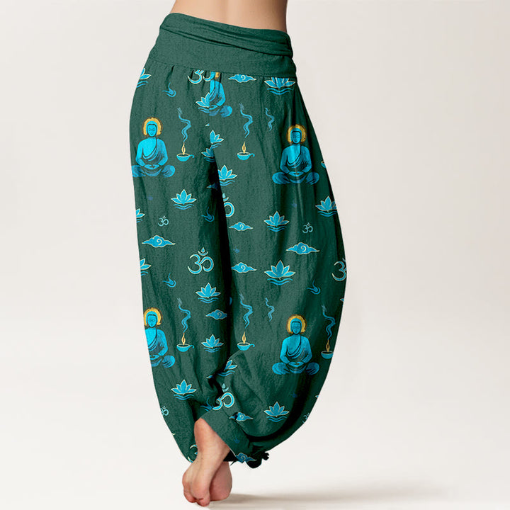 Pantalon harem pour femme, taille élastique, en coton, motif Buddha Stones, symbole Om, lotus et nuage. - image 6