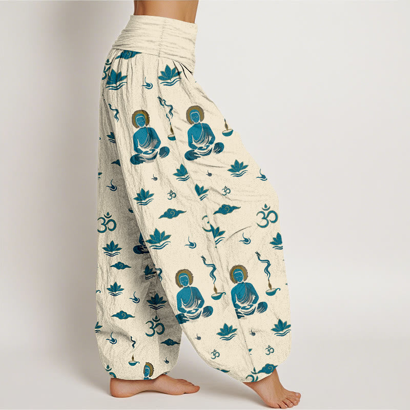 Pantalon harem pour femme, taille élastique, en coton, motif Buddha Stones, symbole Om, lotus et nuage. - image 10