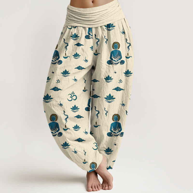 Pantalon harem pour femme, taille élastique, en coton, motif Buddha Stones, symbole Om, lotus et nuage. - Jaune doré clair - US16，UK/AU20，EU48 (3XL) - image 8