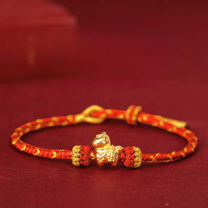 Bracelet ajustable en corde tressée or 999 Buddha Stones , symbole de chance et année du Cheval - Corde rouge - Or 999 0,35 g - 16-18 cm - image 11