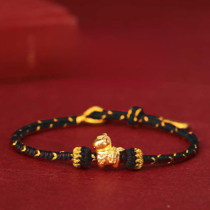 Bracelet ajustable en corde tressée or 999 Buddha Stones , symbole de chance et année du Cheval - Corde noire - Or 999 0,35 g - 16-18 cm - image 15
