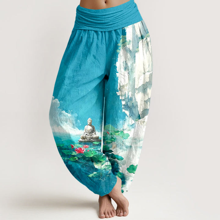 Pantalon harem à taille élastique pour femme, motif Buddha Stones de lotus, feuilles, rochers, surface de l'eau et nuages. - Bleu ciel profond - US16，UK/AU20，EU48 (3XL) - image 0