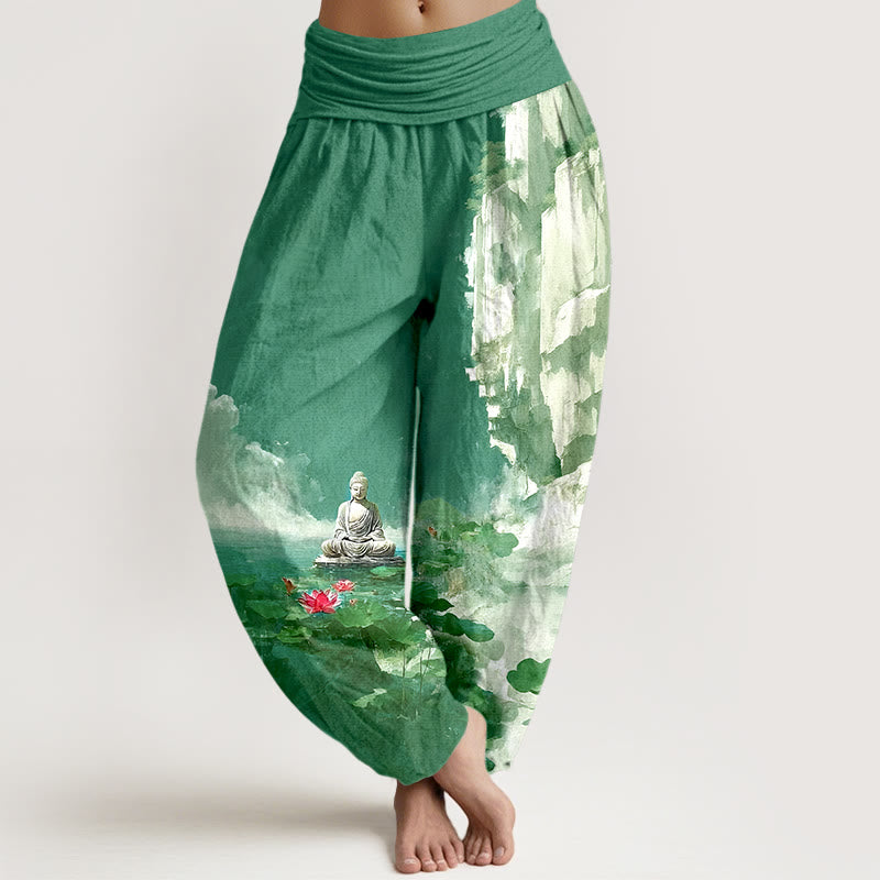 Pantalon harem à taille élastique pour femme, motif Buddha Stones de lotus, feuilles, rochers, surface de l'eau et nuages. - Vert mer moyen - US16，UK/AU20，EU48 (3XL) - image 5