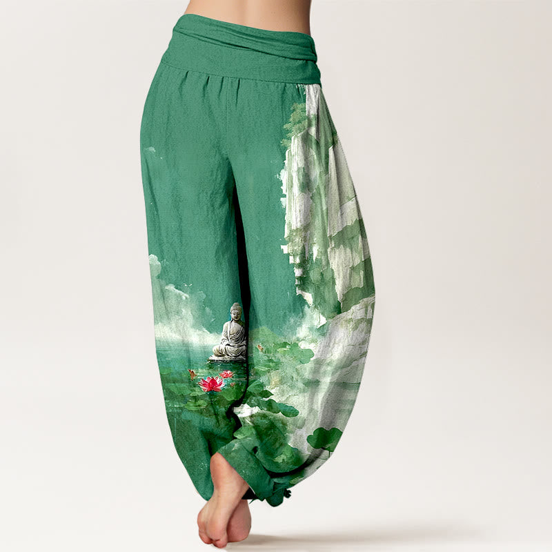 Pantalon harem à taille élastique pour femme, motif Buddha Stones de lotus, feuilles, rochers, surface de l'eau et nuages. - image 6