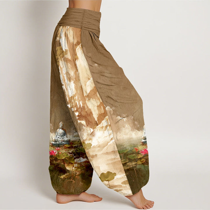 Pantalon harem à taille élastique pour femme, motif Buddha Stones de lotus, feuilles, rochers, surface de l'eau et nuages. - image 10