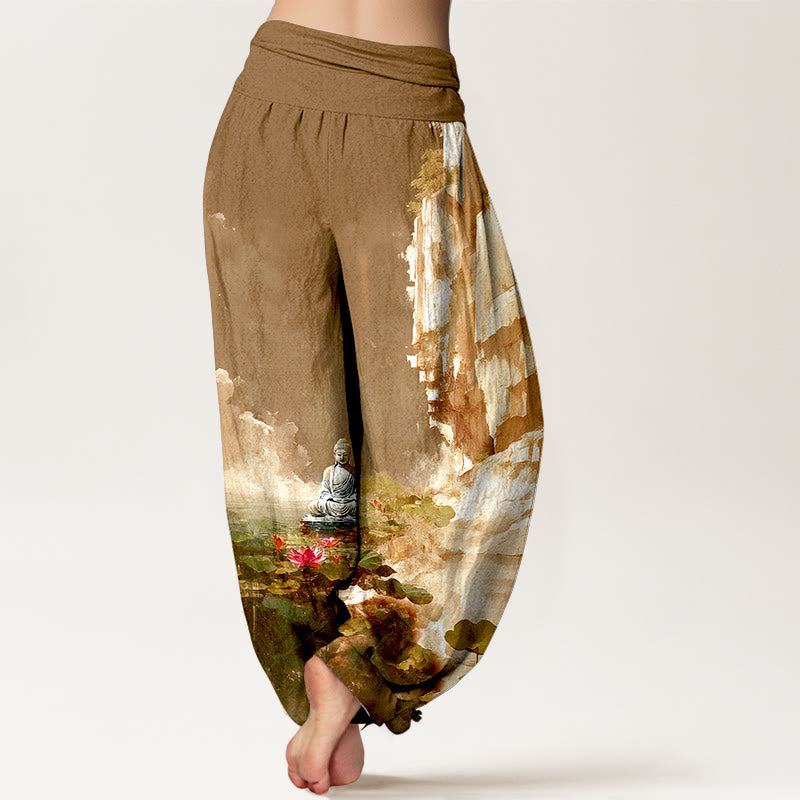 Pantalon harem à taille élastique pour femme, motif Buddha Stones de lotus, feuilles, rochers, surface de l'eau et nuages. - image 9