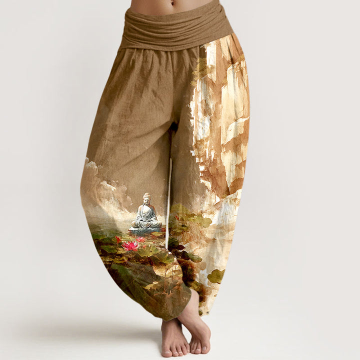 Pantalon harem à taille élastique pour femme, motif Buddha Stones de lotus, feuilles, rochers, surface de l'eau et nuages. - DarkGoldenrod - US16，UK/AU20，EU48 (3XL) - image 8