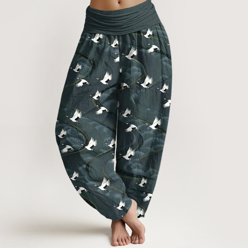 Pantalon harem à taille élastique pour femme, en coton, motif élégant de grues et de lignes sinueuses, avec Buddha Stones - Sarcelle - US16，UK/AU20，EU48 (3XL) - image 0