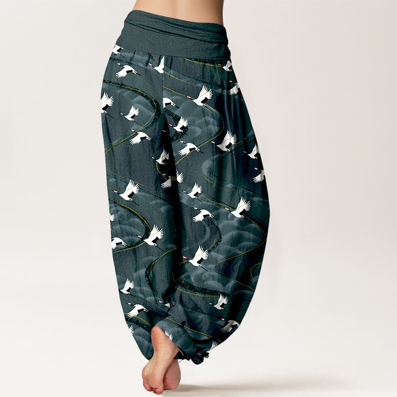 Pantalon harem à taille élastique pour femme, en coton, motif élégant de grues et de lignes sinueuses, avec Buddha Stones - image 1