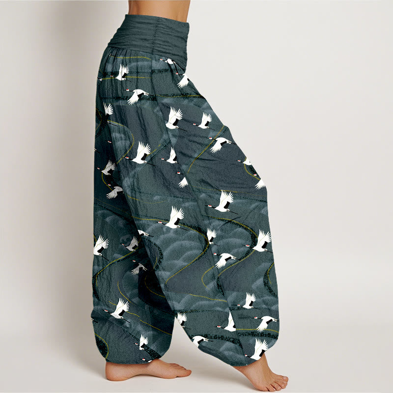 Pantalon harem à taille élastique pour femme, en coton, motif élégant de grues et de lignes sinueuses, avec Buddha Stones - image 2