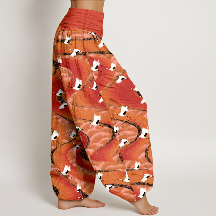 Pantalon harem à taille élastique pour femme, en coton, motif élégant de grues et de lignes sinueuses, avec Buddha Stones - image 7
