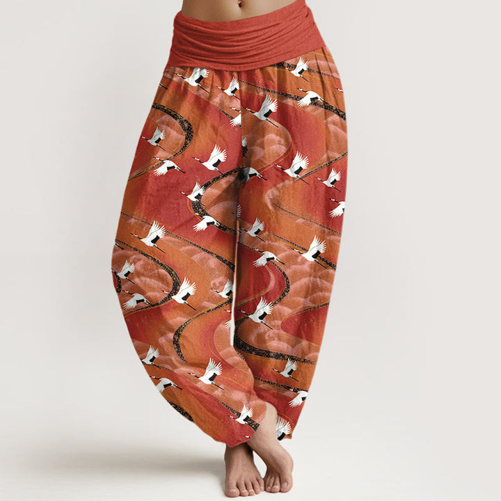 Pantalon harem à taille élastique pour femme, en coton, motif élégant de grues et de lignes sinueuses, avec Buddha Stones - Tomate - US16，UK/AU20，EU48 (3XL) - image 5