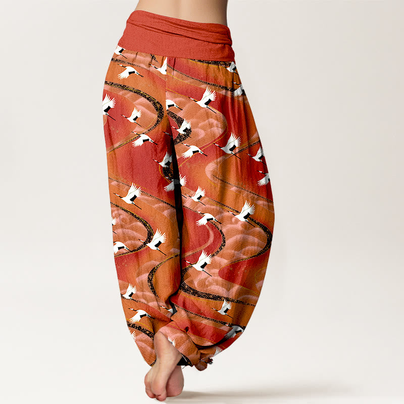 Pantalon harem à taille élastique pour femme, en coton, motif élégant de grues et de lignes sinueuses, avec Buddha Stones - image 6