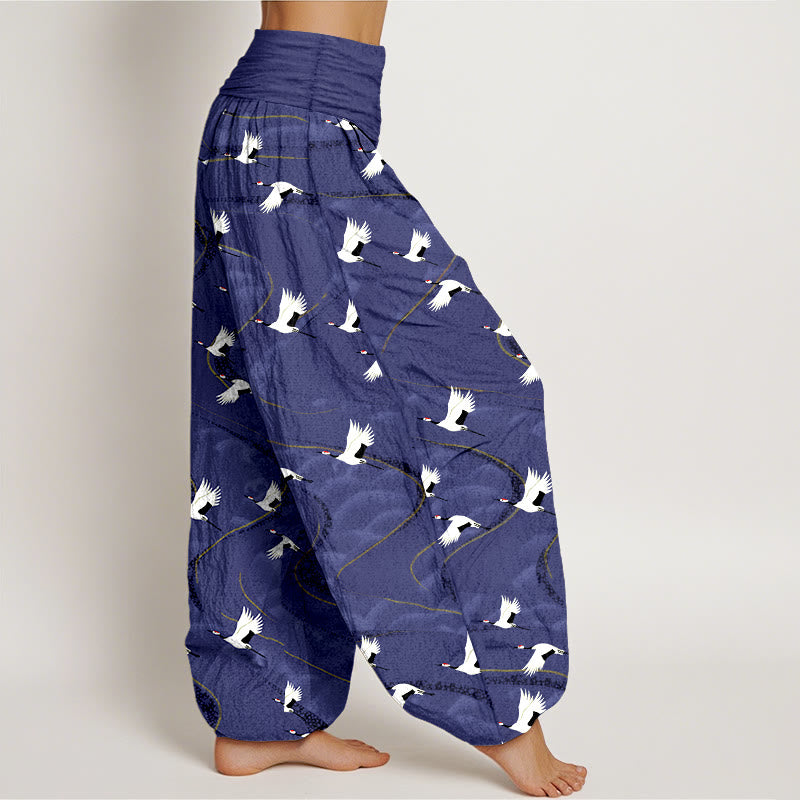 Pantalon harem à taille élastique pour femme, en coton, motif élégant de grues et de lignes sinueuses, avec Buddha Stones - image 10