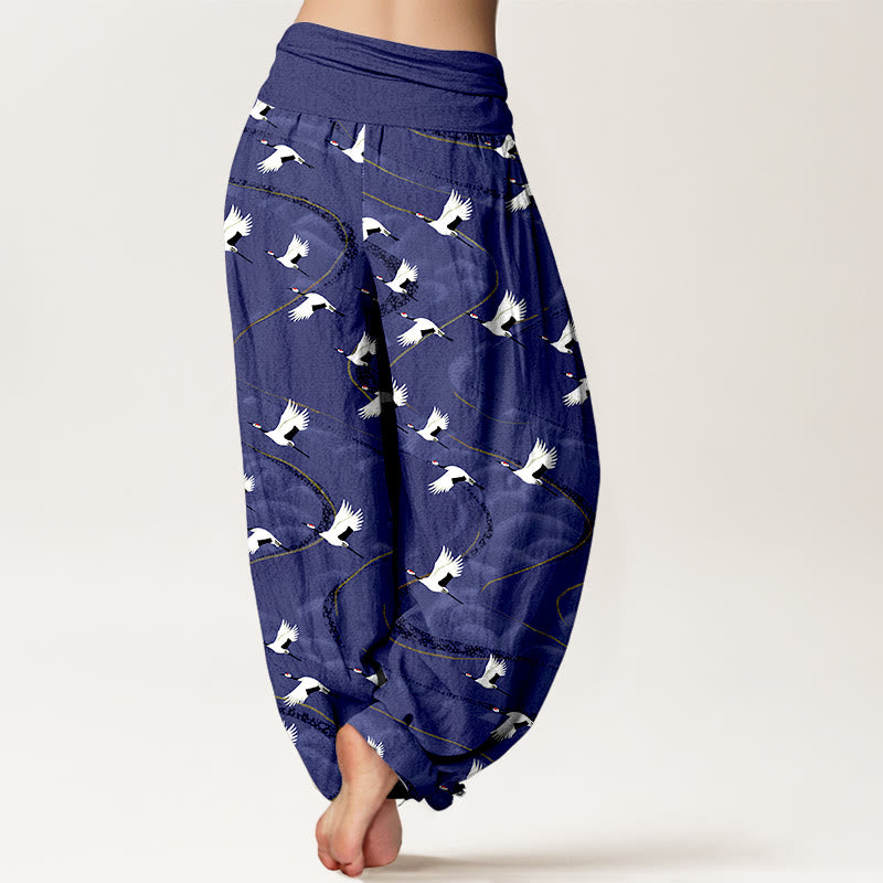 Pantalon harem à taille élastique pour femme, en coton, motif élégant de grues et de lignes sinueuses, avec Buddha Stones - image 9