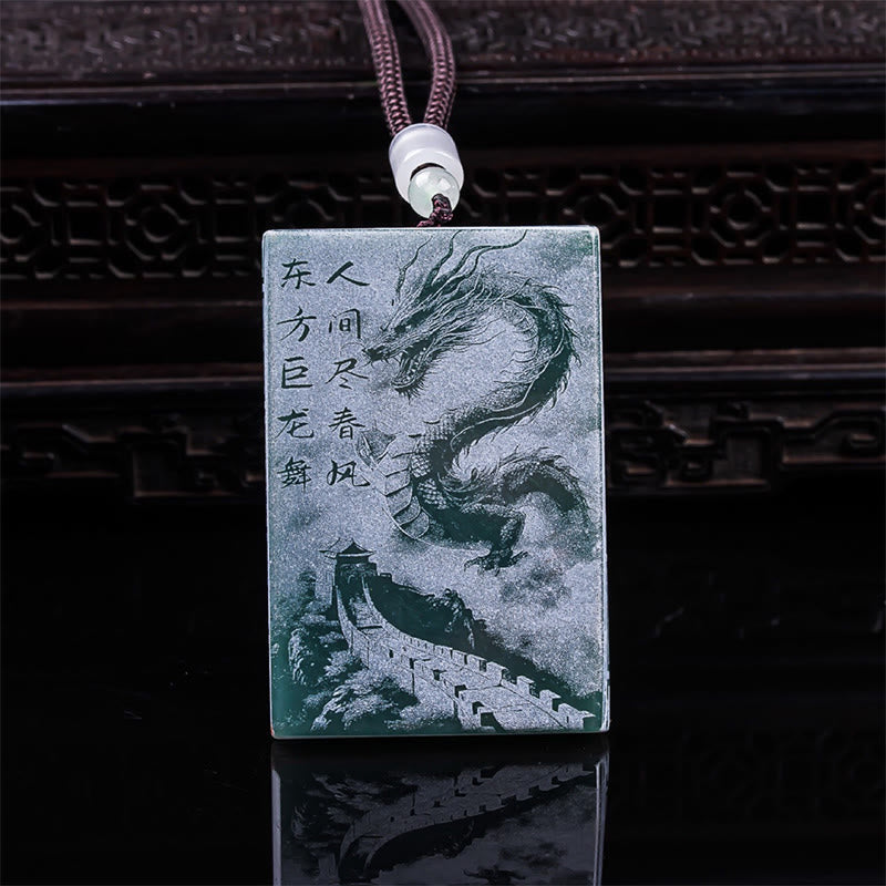 Pendentifs de collier porte-bonheur en jade rectangulaire avec dragon et Buddha Stones - Dargon (Dimensions : 50 x 30 x 6 mm) - image 0