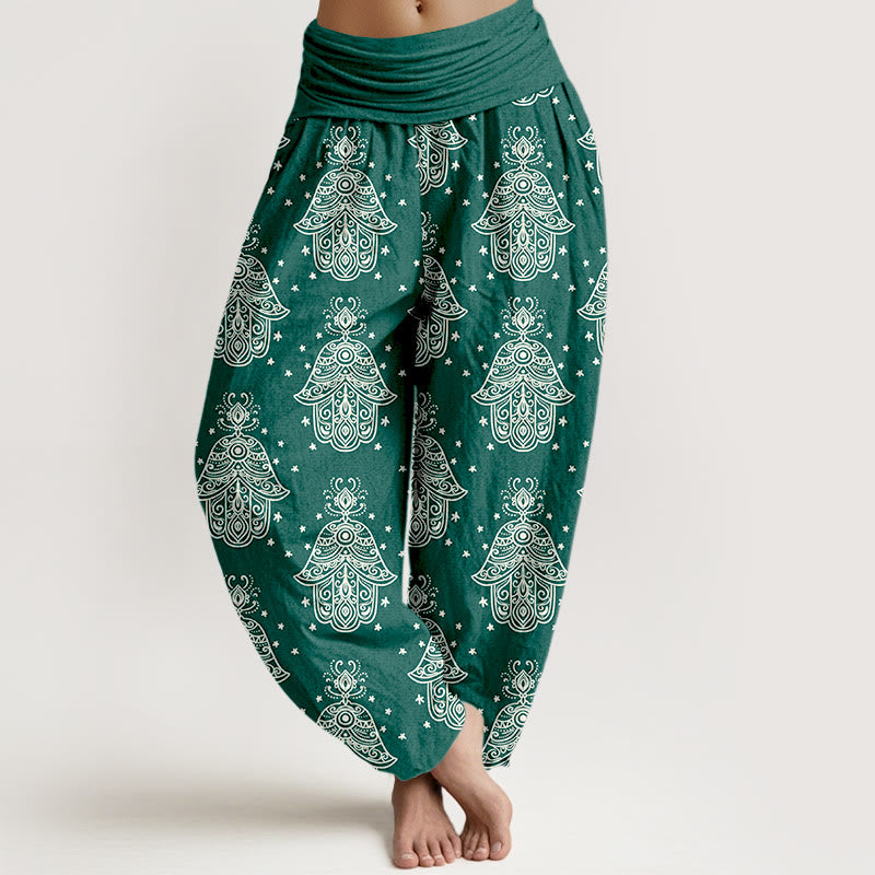 Pantalon harem à taille élastique pour femme, en coton avec motif de mains de Hamsa et Buddha Stones. - Vert d'eau - US16，UK/AU20，EU48 (3XL) - image 0