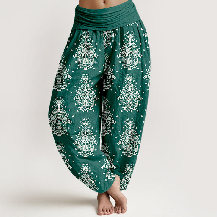 Pantalon harem à taille élastique pour femme, en coton avec motif de mains de Hamsa et Buddha Stones. - Vert d'eau - US16，UK/AU20，EU48 (3XL) - image 0