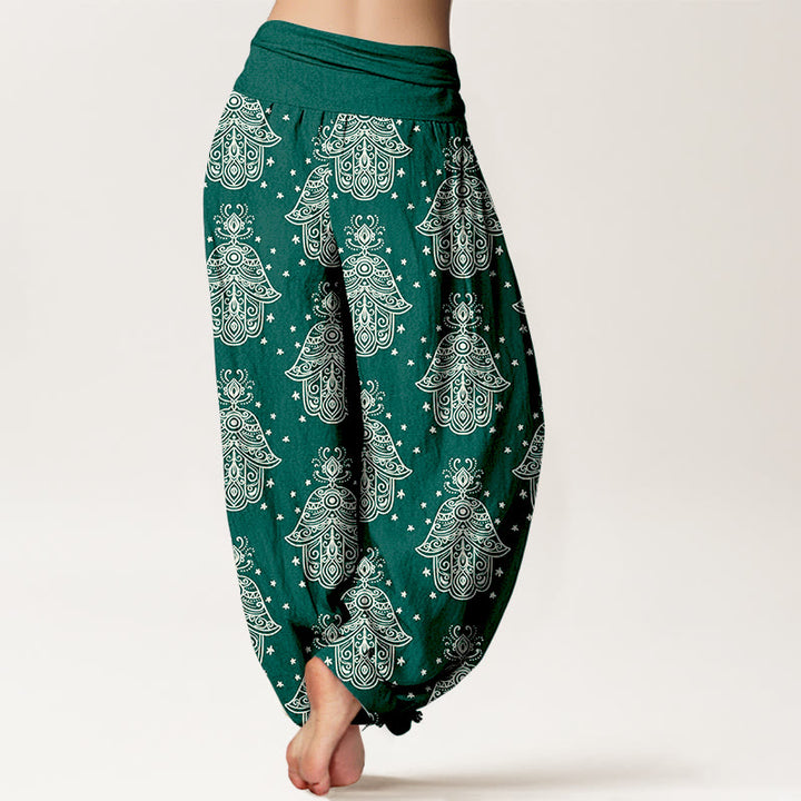 Pantalon harem à taille élastique pour femme, en coton avec motif de mains de Hamsa et Buddha Stones. - image 1