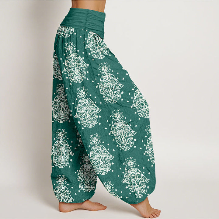 Pantalon harem à taille élastique pour femme, en coton avec motif de mains de Hamsa et Buddha Stones. - image 2