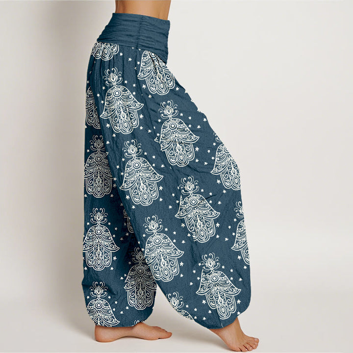 Pantalon harem à taille élastique pour femme, en coton avec motif de mains de Hamsa et Buddha Stones. - image 7