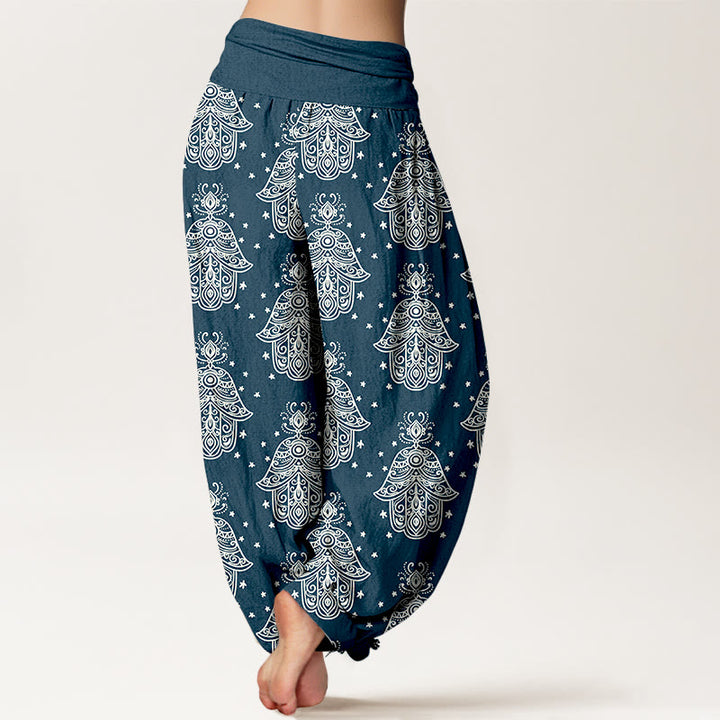 Pantalon harem à taille élastique pour femme, en coton avec motif de mains de Hamsa et Buddha Stones. - image 6