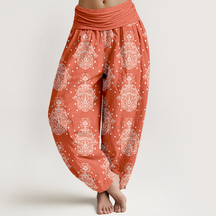 Pantalon harem à taille élastique pour femme, en coton avec motif de mains de Hamsa et Buddha Stones. - Corail - US16，UK/AU20，EU48 (3XL) - image 8