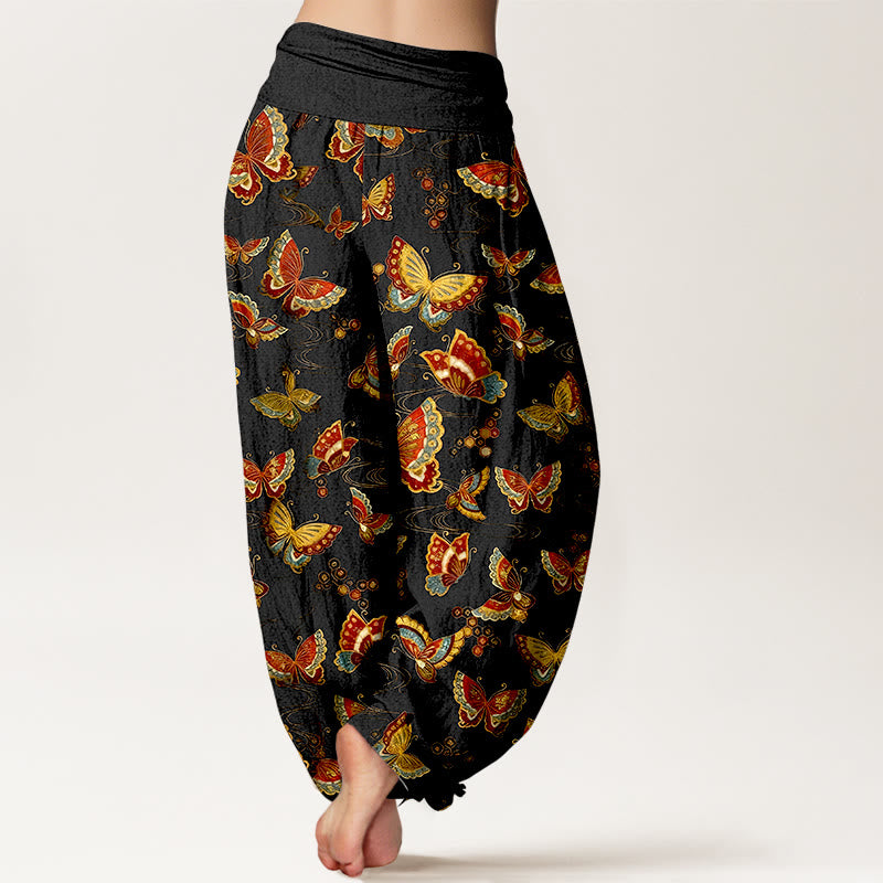 Pantalon harem à taille élastique pour femme, en coton à motif papillons colorés et Buddha Stones - image 1