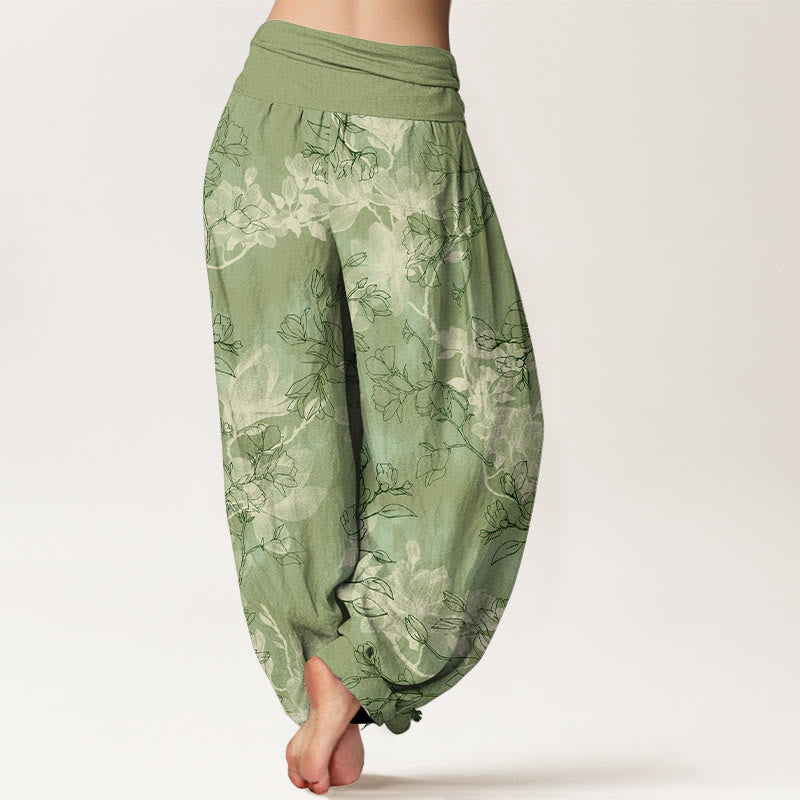 Pantalon harem à taille élastique pour femme, en coton avec motif de boutons de fleurs fraîches et Buddha Stones - image 1