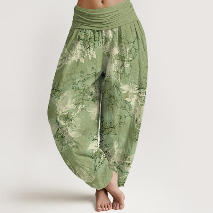 Pantalon harem à taille élastique pour femme, en coton avec motif de boutons de fleurs fraîches et Buddha Stones - JauneVert - US16，UK/AU20，EU48 (3XL) - image 0