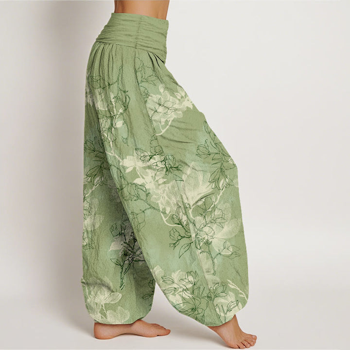 Pantalon harem à taille élastique pour femme, en coton avec motif de boutons de fleurs fraîches et Buddha Stones - image 2